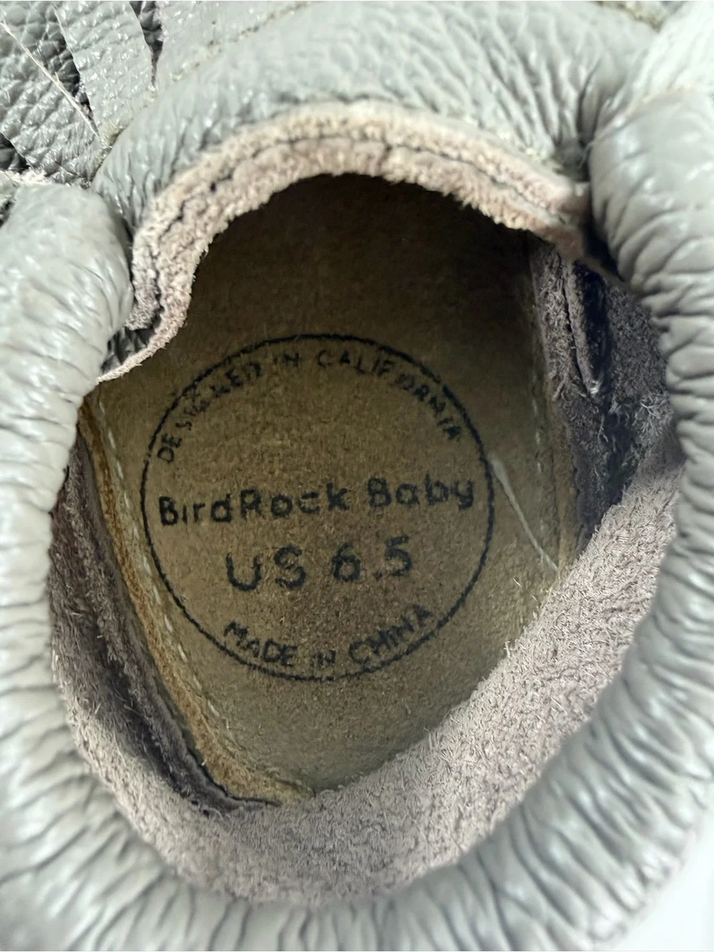 BirdRock Baby Gray Leather Fringe Moccasins Soft Sole Crib Shoes US 6.5
